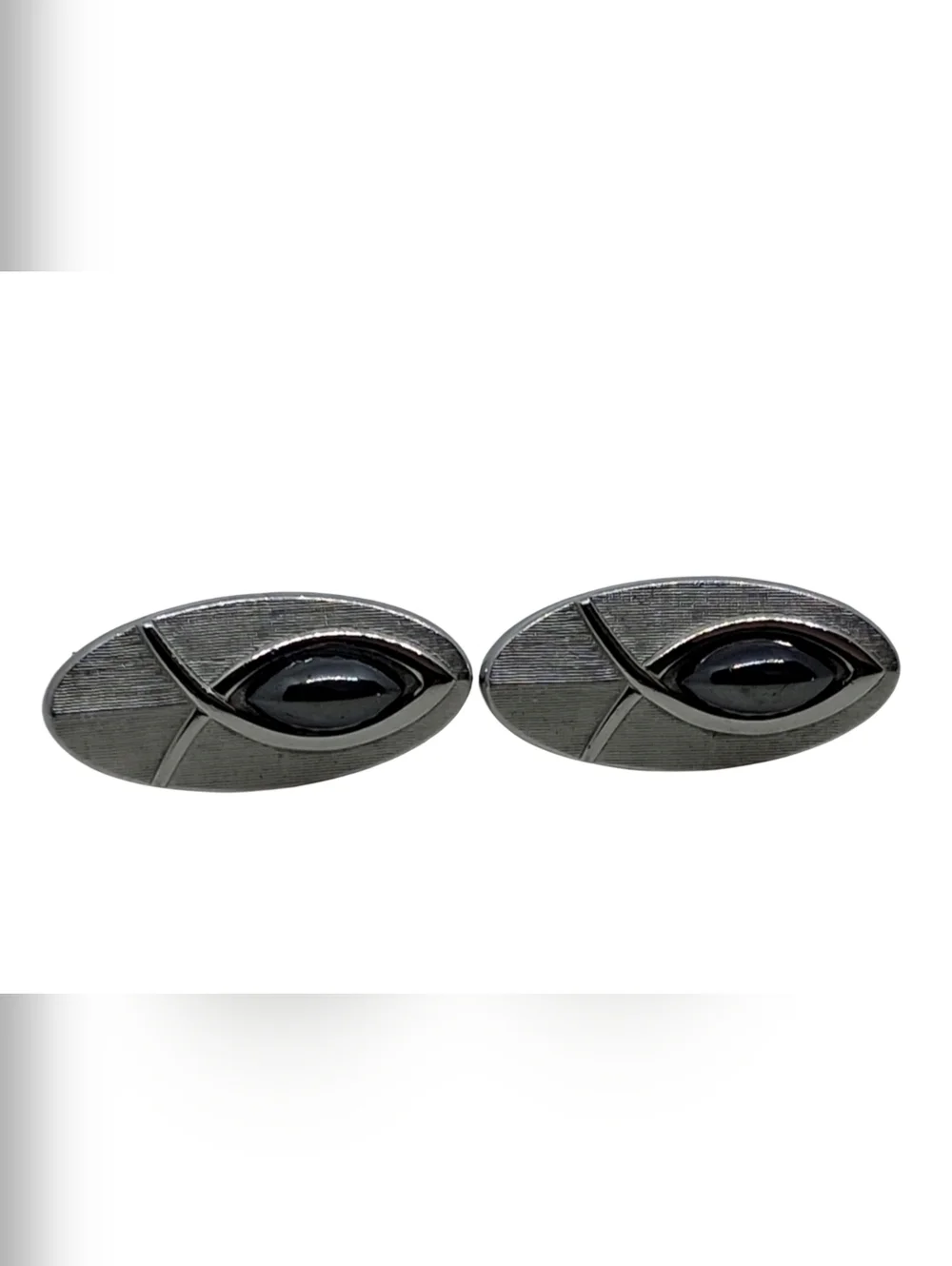 SWANK Vintage Brushed Silver Tone Jesus Fish Cufflinks Hematite Cabochon